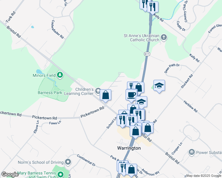 map of restaurants, bars, coffee shops, grocery stores, and more near 100 Douglas Fir Drive in Warrington