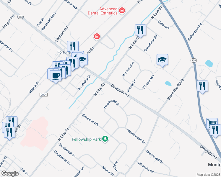 map of restaurants, bars, coffee shops, grocery stores, and more near 1823 North Line Street in Lansdale