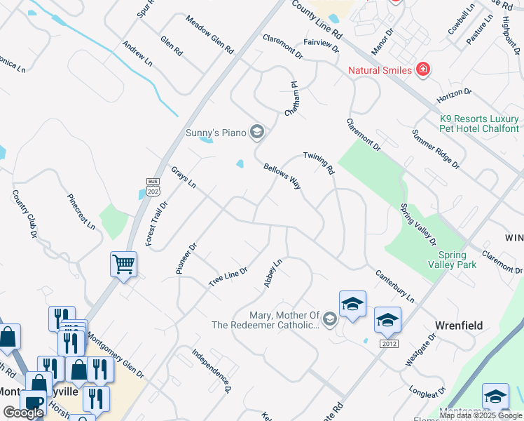 map of restaurants, bars, coffee shops, grocery stores, and more near 104 Twining Road in Lansdale