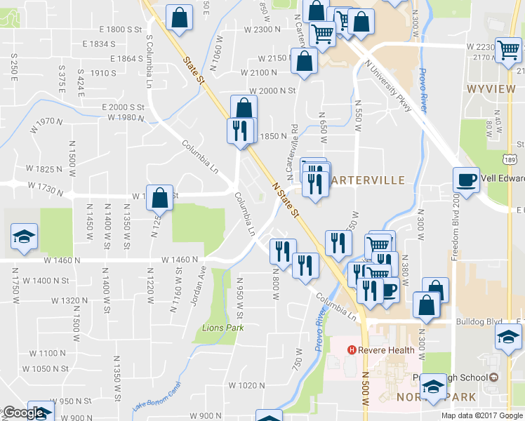 map of restaurants, bars, coffee shops, grocery stores, and more near 1655 West Grandview Lane in Provo