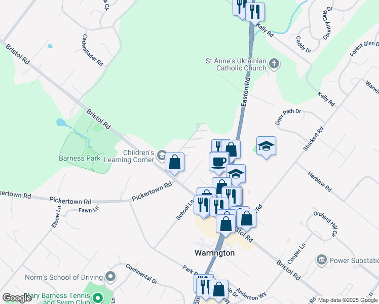 map of restaurants, bars, coffee shops, grocery stores, and more near 2573 Bristol Road in Warrington