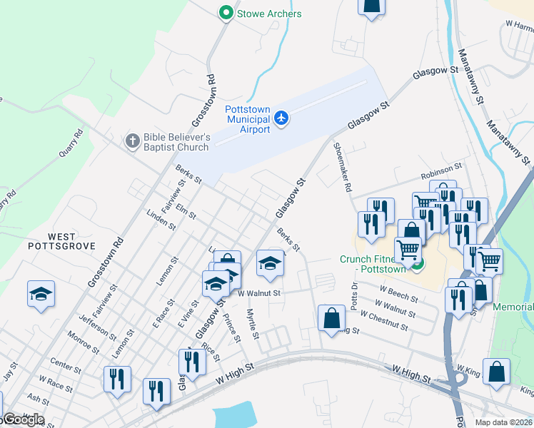 map of restaurants, bars, coffee shops, grocery stores, and more near 903 Glasgow Street in Stowe