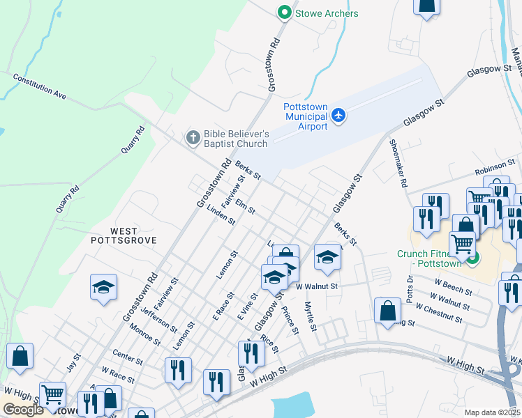map of restaurants, bars, coffee shops, grocery stores, and more near 305 Elm Street in Stowe