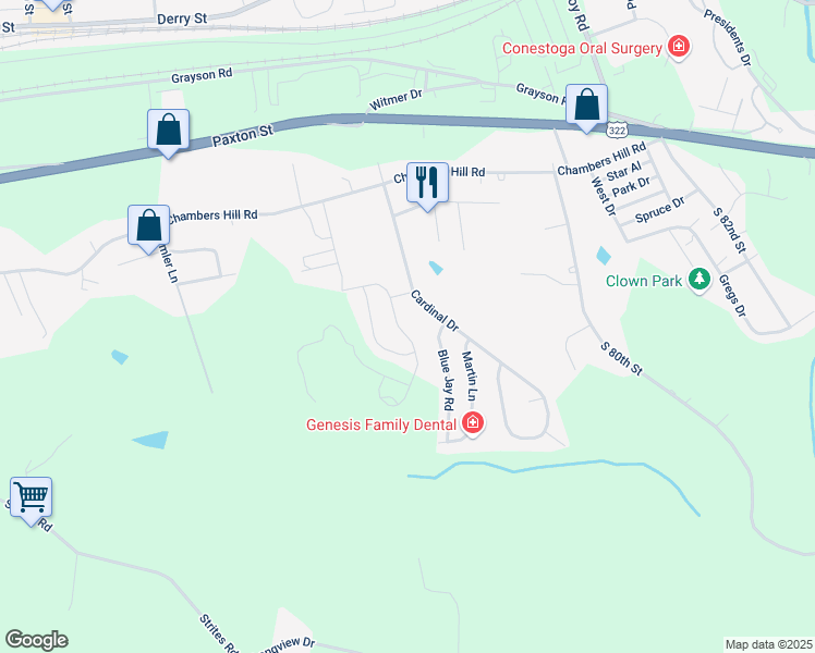 map of restaurants, bars, coffee shops, grocery stores, and more near 713 Blue Jay Road in Harrisburg