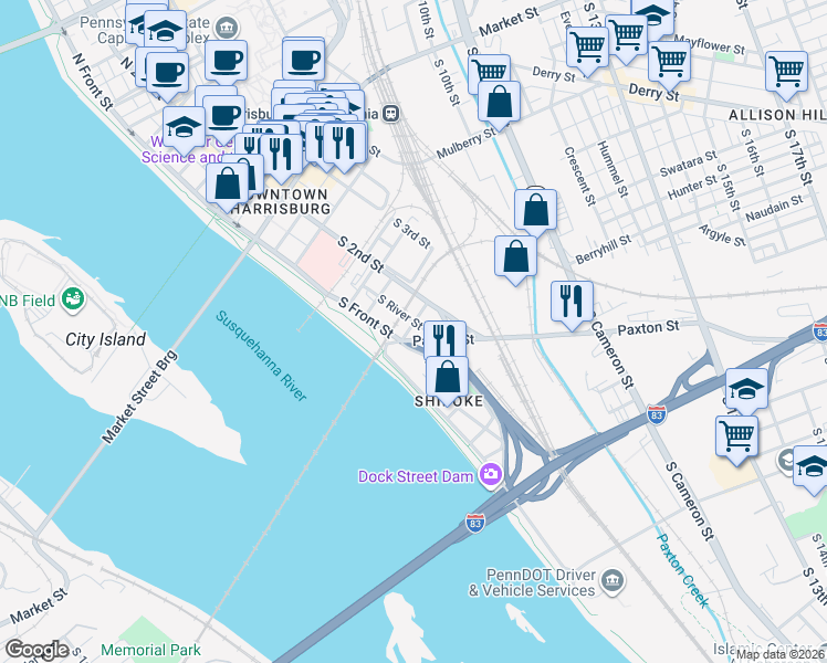 map of restaurants, bars, coffee shops, grocery stores, and more near 140 Paxton Street in Harrisburg