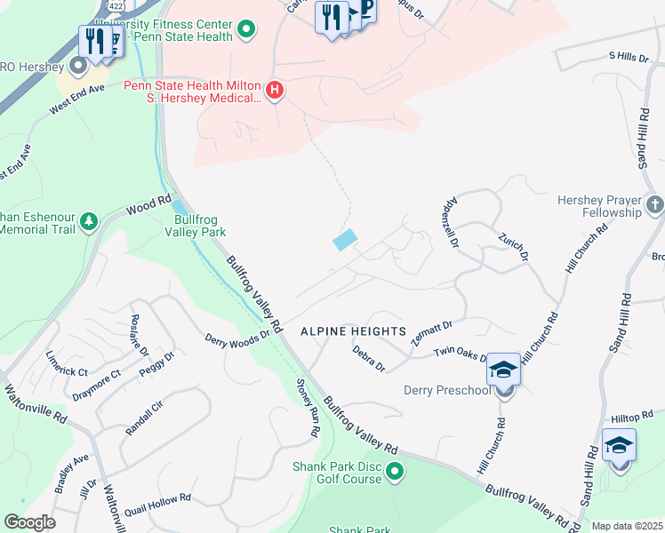 map of restaurants, bars, coffee shops, grocery stores, and more near 907 Rhue Haus Lane in Hummelstown