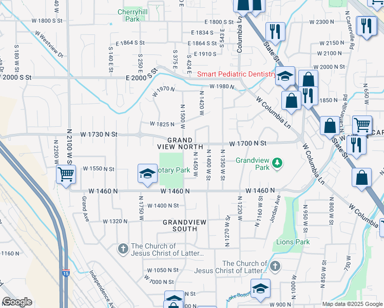 map of restaurants, bars, coffee shops, grocery stores, and more near 1647 North 1450 West in Provo