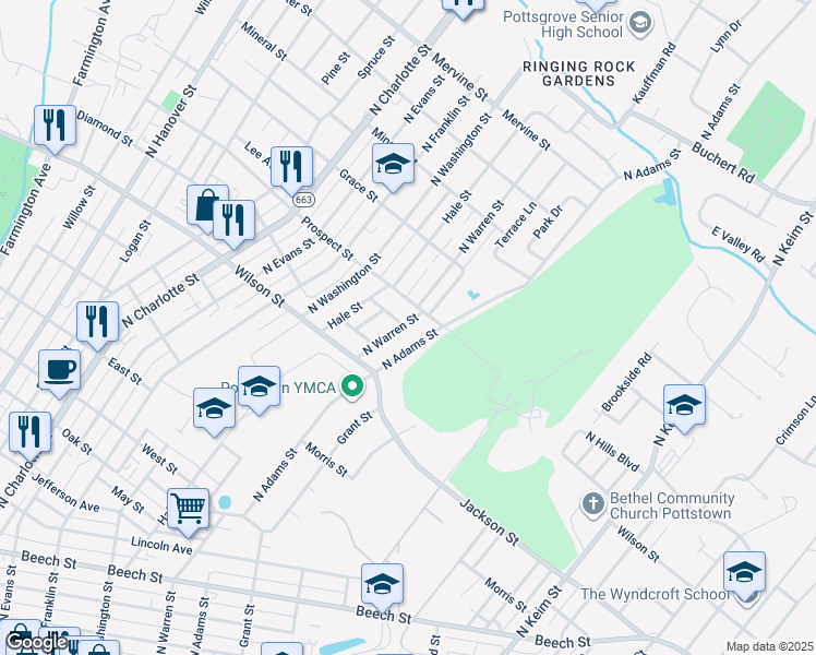 map of restaurants, bars, coffee shops, grocery stores, and more near 872 North Warren Street in Pottstown