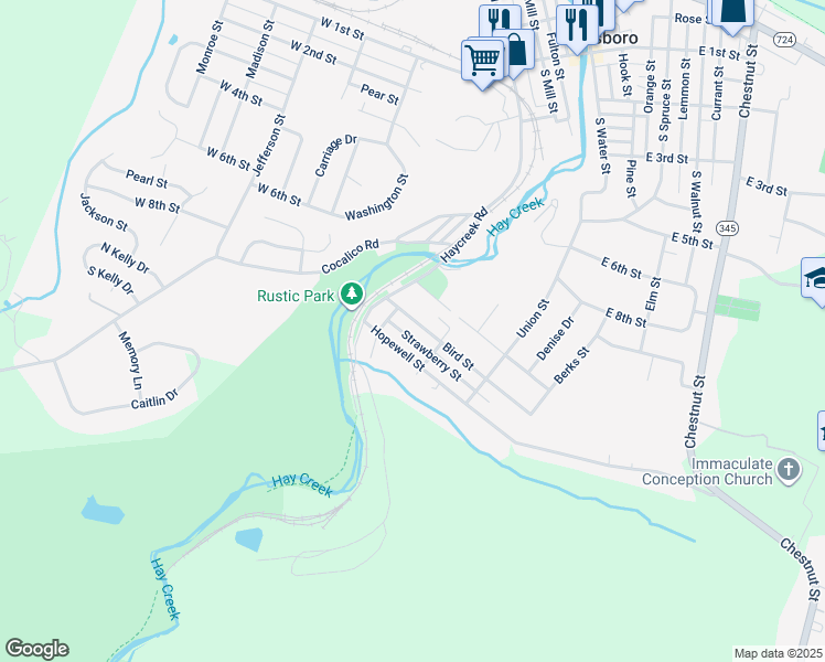map of restaurants, bars, coffee shops, grocery stores, and more near 146 Bird St in Birdsboro