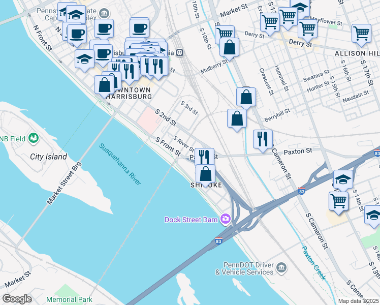 map of restaurants, bars, coffee shops, grocery stores, and more near 140 Paxton Street in Harrisburg