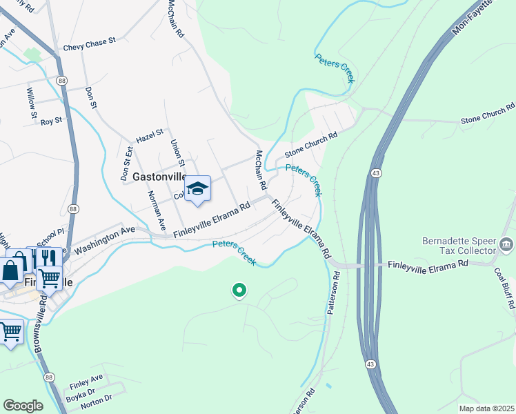 map of restaurants, bars, coffee shops, grocery stores, and more near 3694 Finleyville Elrama Road in Finleyville