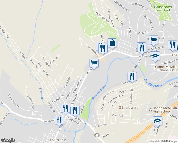 map of restaurants, bars, coffee shops, grocery stores, and more near 670 West Pike Street in Canonsburg