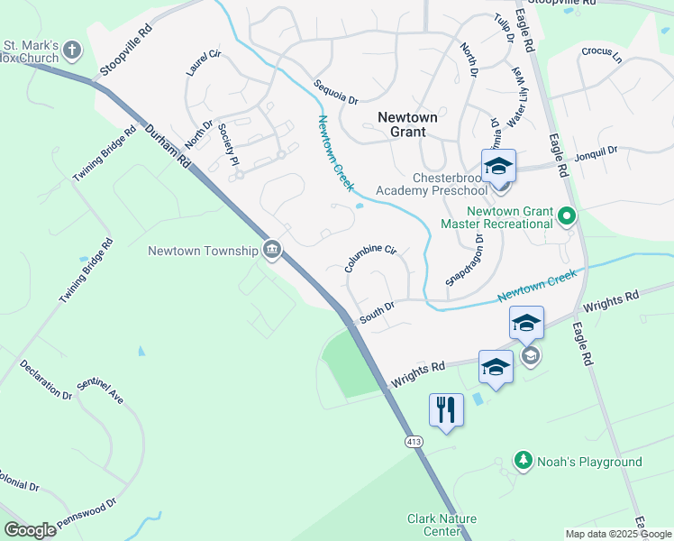 map of restaurants, bars, coffee shops, grocery stores, and more near 3 Bluebell Court in Newtown