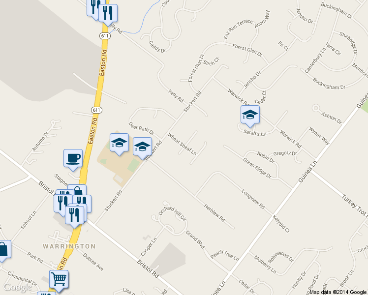 map of restaurants, bars, coffee shops, grocery stores, and more near 1515 West Cobblestone Circle in Warrington