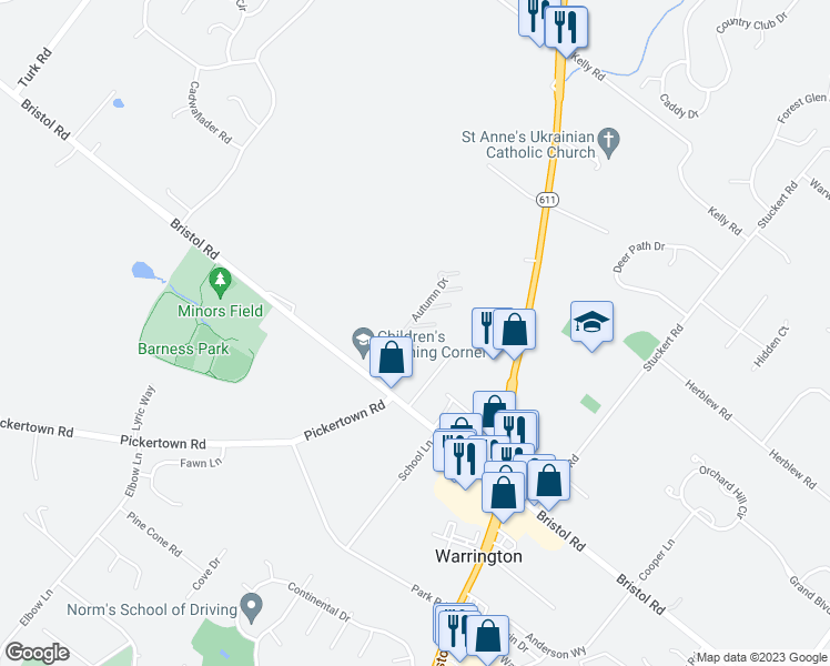 map of restaurants, bars, coffee shops, grocery stores, and more near 100 Douglas Fir Drive in Warrington
