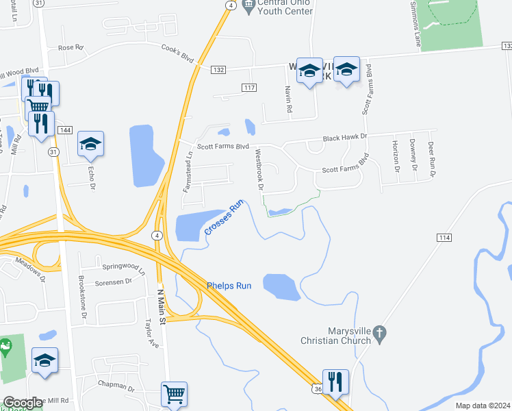 map of restaurants, bars, coffee shops, grocery stores, and more near 1383 Westbrook Drive in Marysville