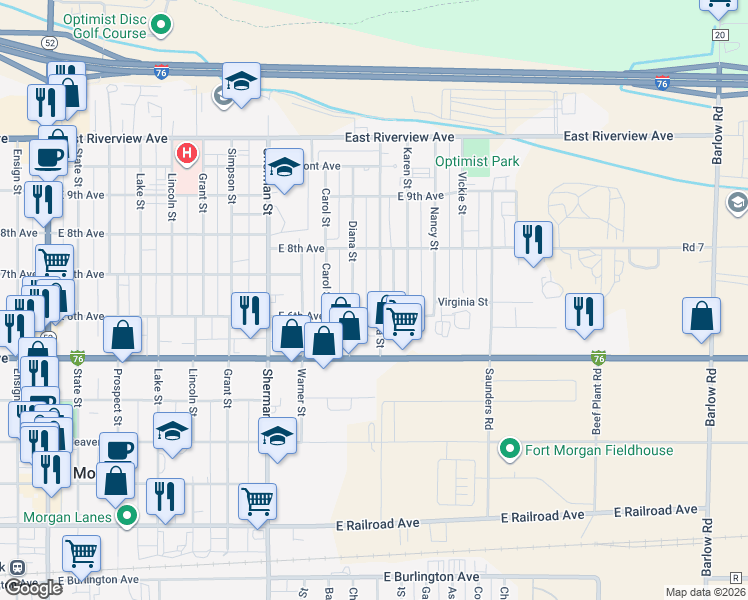 map of restaurants, bars, coffee shops, grocery stores, and more near 1109 East 6th Avenue in Fort Morgan