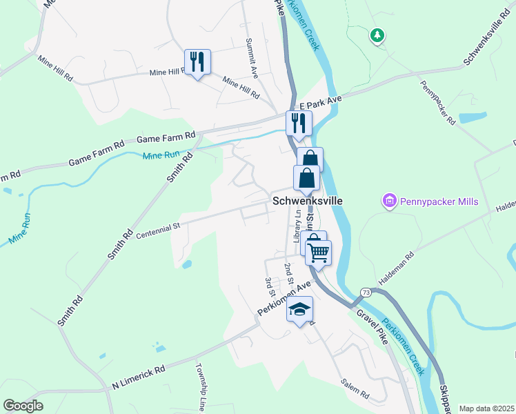 map of restaurants, bars, coffee shops, grocery stores, and more near 341 Cherry Street in Schwenksville