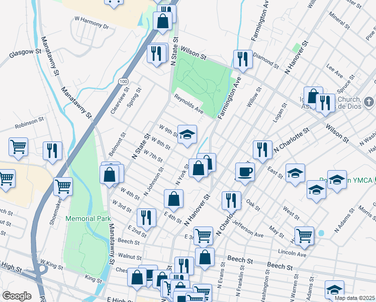 map of restaurants, bars, coffee shops, grocery stores, and more near 461 North York Street in Pottstown