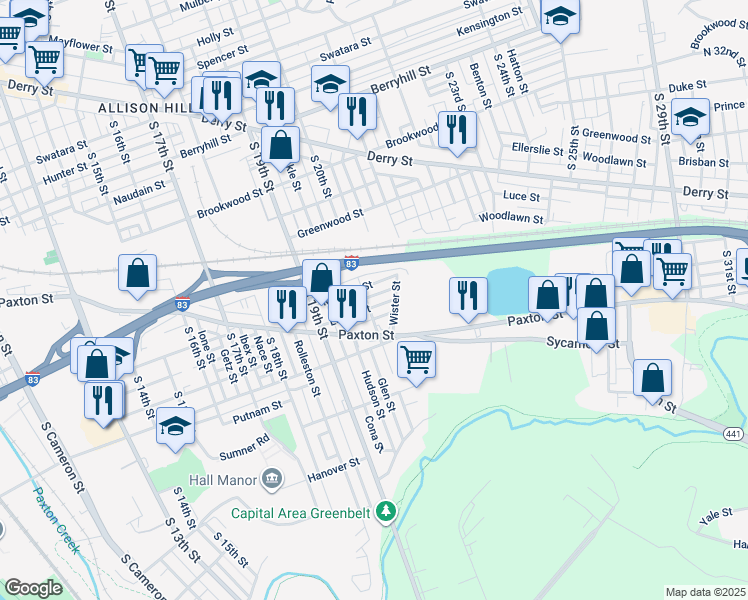 map of restaurants, bars, coffee shops, grocery stores, and more near 2004 Lenox Street in Harrisburg