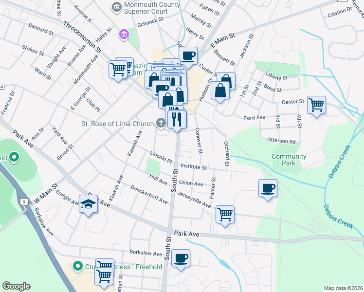 map of restaurants, bars, coffee shops, grocery stores, and more near 77 South Street in Freehold