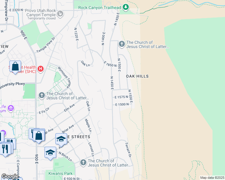map of restaurants, bars, coffee shops, grocery stores, and more near 1648 North 1450 East in Provo