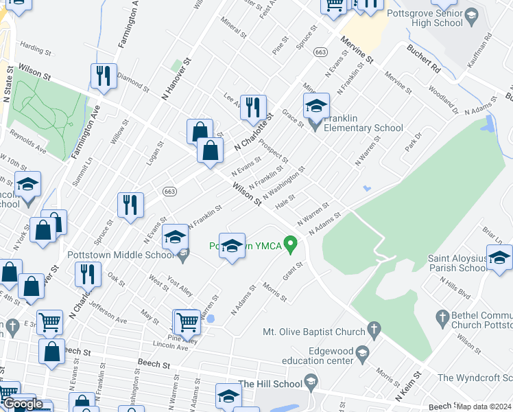 map of restaurants, bars, coffee shops, grocery stores, and more near 783 North Washington Street in Pottstown