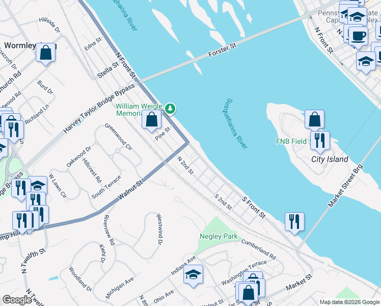 map of restaurants, bars, coffee shops, grocery stores, and more near 107 North River Street in Wormleysburg
