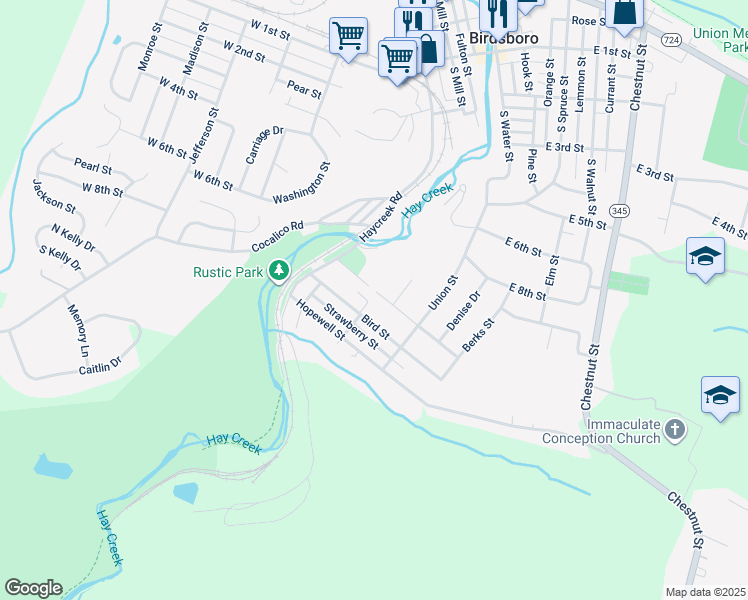 map of restaurants, bars, coffee shops, grocery stores, and more near 203 Bird Street in Birdsboro