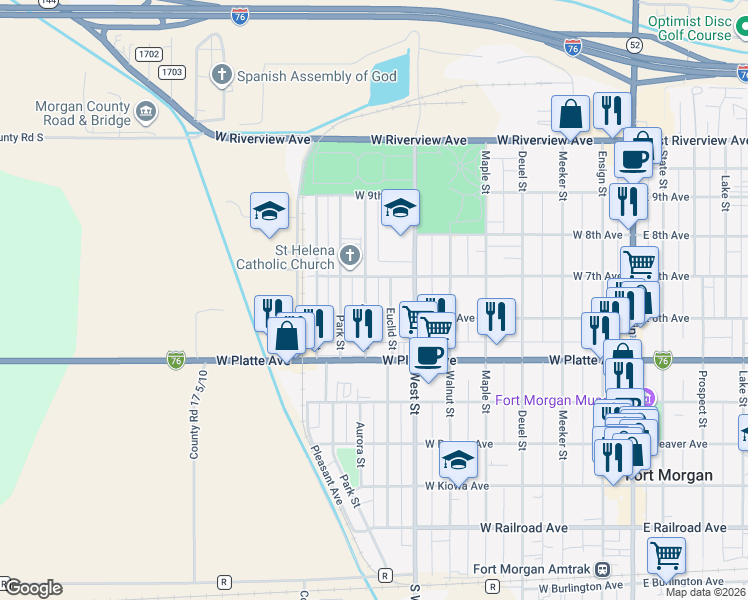 map of restaurants, bars, coffee shops, grocery stores, and more near 703 Euclid Street in Fort Morgan