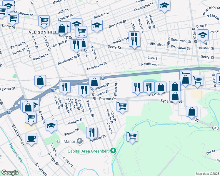 map of restaurants, bars, coffee shops, grocery stores, and more near 2004 Lenox Street in Harrisburg