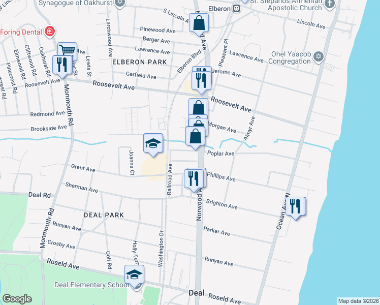 map of restaurants, bars, coffee shops, grocery stores, and more near 7 Wyckoff Street in Deal