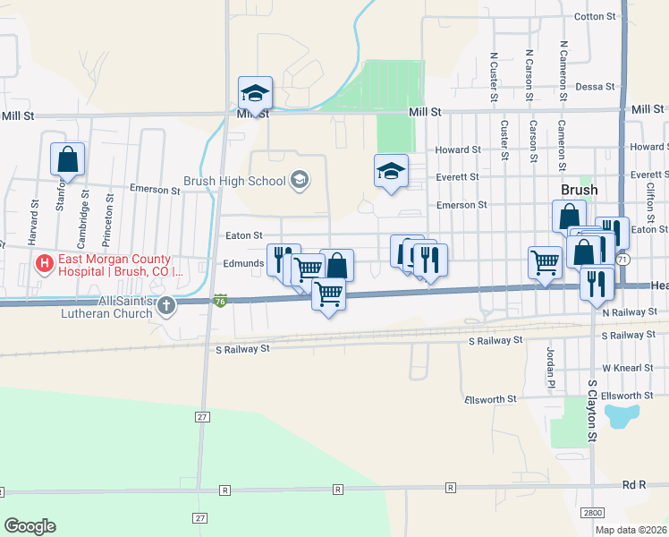 map of restaurants, bars, coffee shops, grocery stores, and more near 1213 1/2 Edison Street in Brush