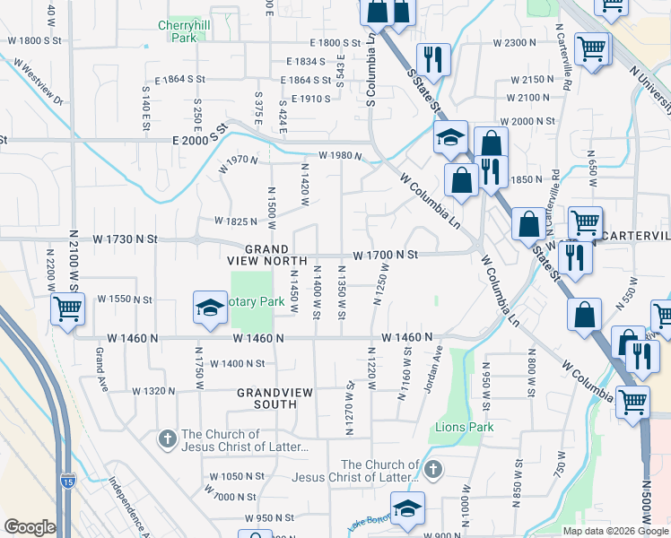 map of restaurants, bars, coffee shops, grocery stores, and more near 1661 North 1350 West Street in Provo