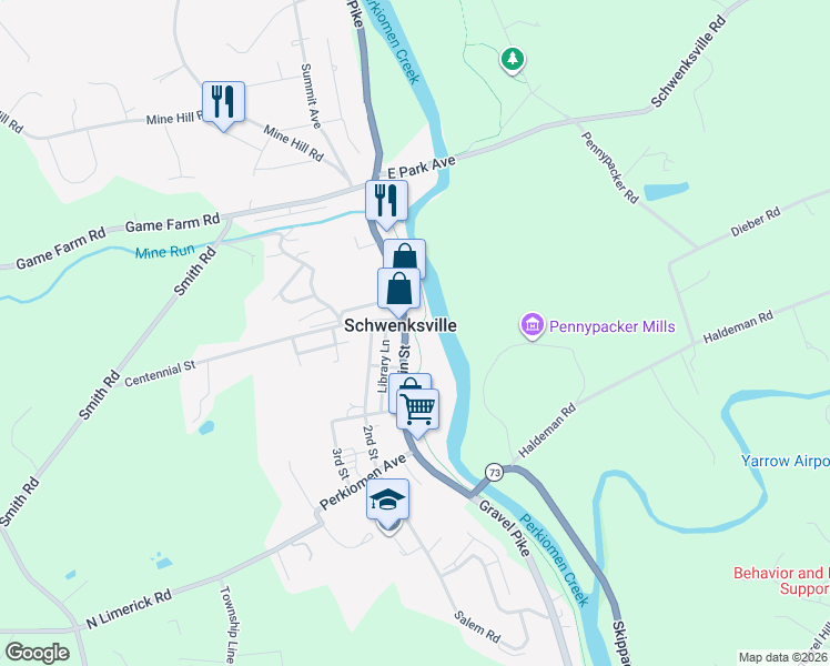 map of restaurants, bars, coffee shops, grocery stores, and more near Perkiomen Trail in Schwenksville