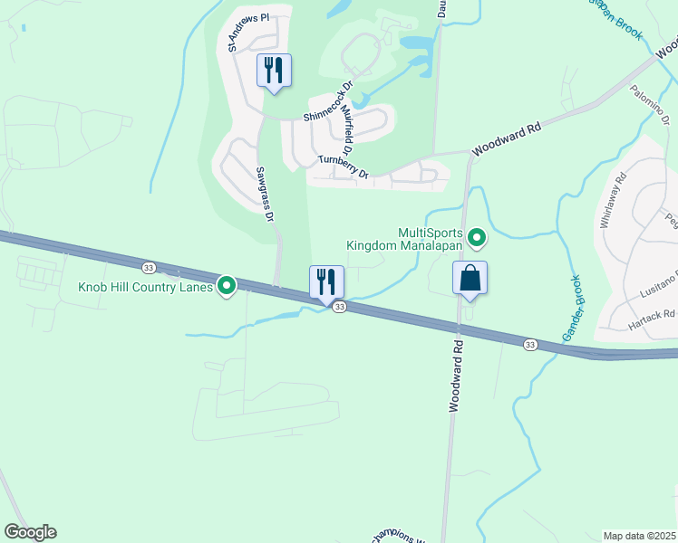 map of restaurants, bars, coffee shops, grocery stores, and more near Melrose Boulevard in Manalapan Township