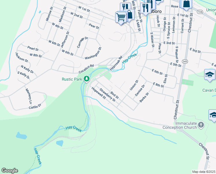 map of restaurants, bars, coffee shops, grocery stores, and more near 161 Bird Street in Birdsboro