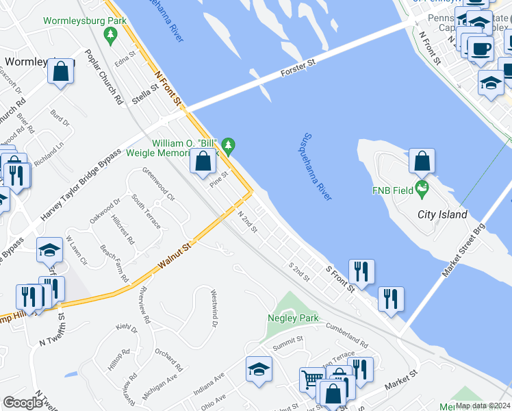 map of restaurants, bars, coffee shops, grocery stores, and more near 114 North Front Street in Wormleysburg