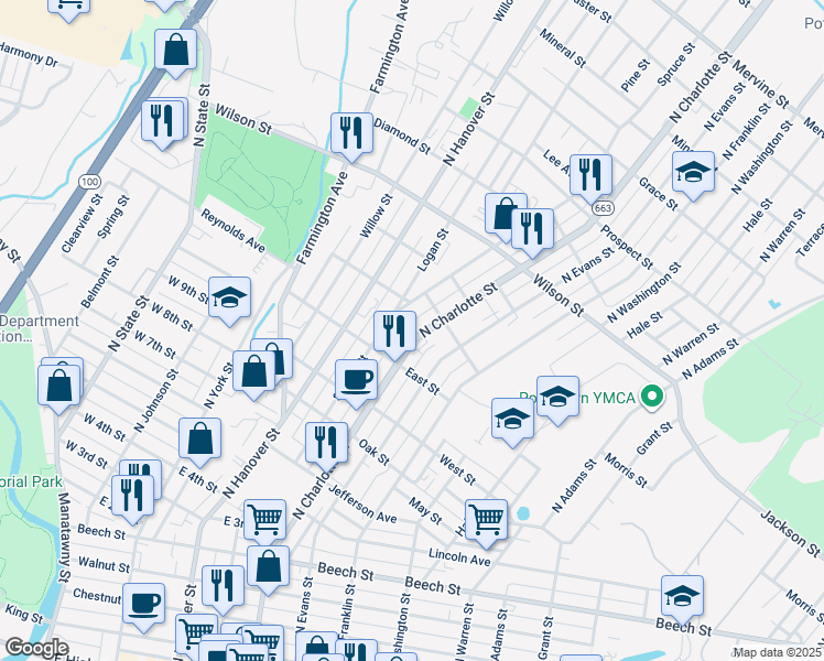 map of restaurants, bars, coffee shops, grocery stores, and more near 660 North Charlotte Street in Pottstown