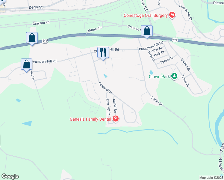 map of restaurants, bars, coffee shops, grocery stores, and more near 725 Cardinal Drive in Harrisburg