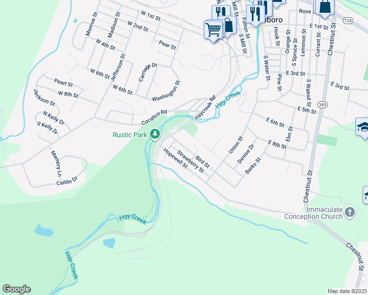map of restaurants, bars, coffee shops, grocery stores, and more near 146 Bird St in Birdsboro