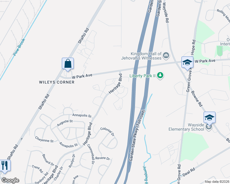 map of restaurants, bars, coffee shops, grocery stores, and more near 17 Richmond Court in Tinton Falls