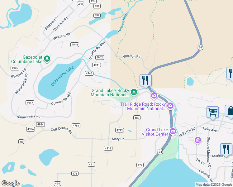 map of restaurants, bars, coffee shops, grocery stores, and more near 70 Mad Moose Lane in Grand Lake