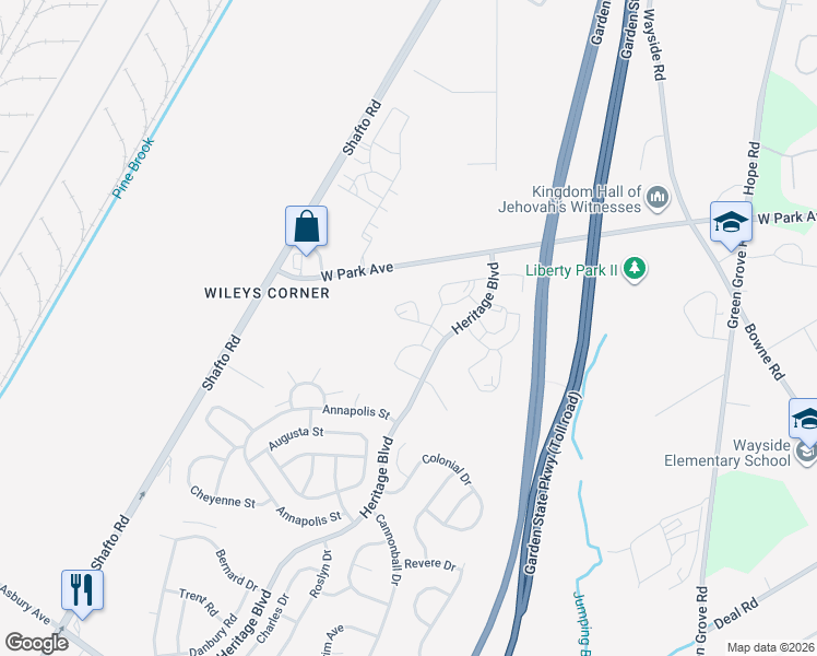 map of restaurants, bars, coffee shops, grocery stores, and more near 22 Montpelier Street in Tinton Falls