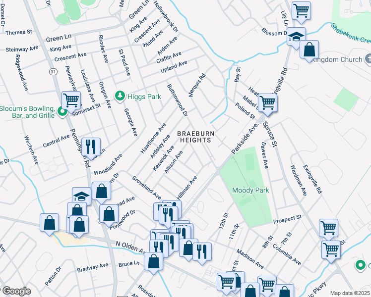map of restaurants, bars, coffee shops, grocery stores, and more near 12 Auburn Avenue in Trenton
