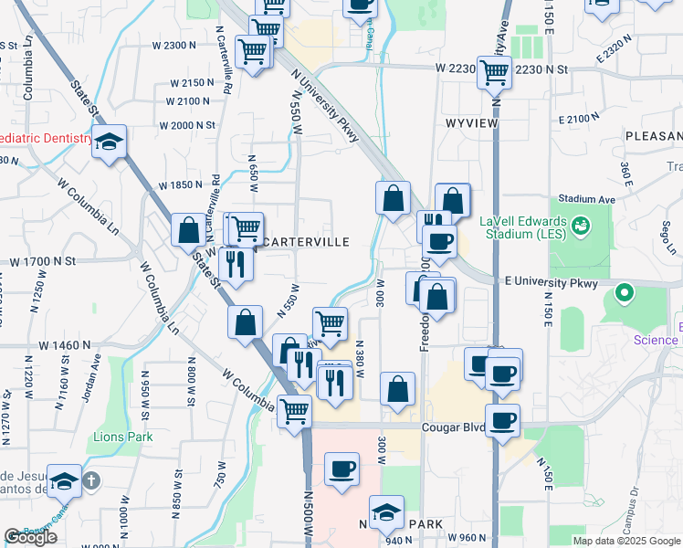 map of restaurants, bars, coffee shops, grocery stores, and more near 425 West 1720 North in Provo