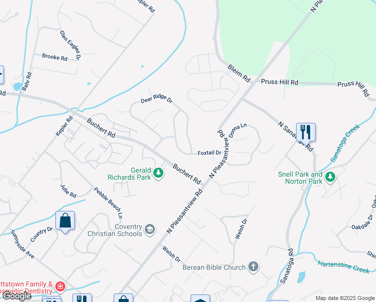 map of restaurants, bars, coffee shops, grocery stores, and more near 2162 Deer Ridge Drive in Sanatoga
