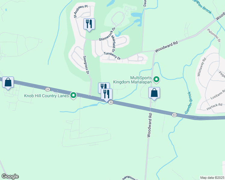 map of restaurants, bars, coffee shops, grocery stores, and more near Melrose Boulevard in Manalapan Township