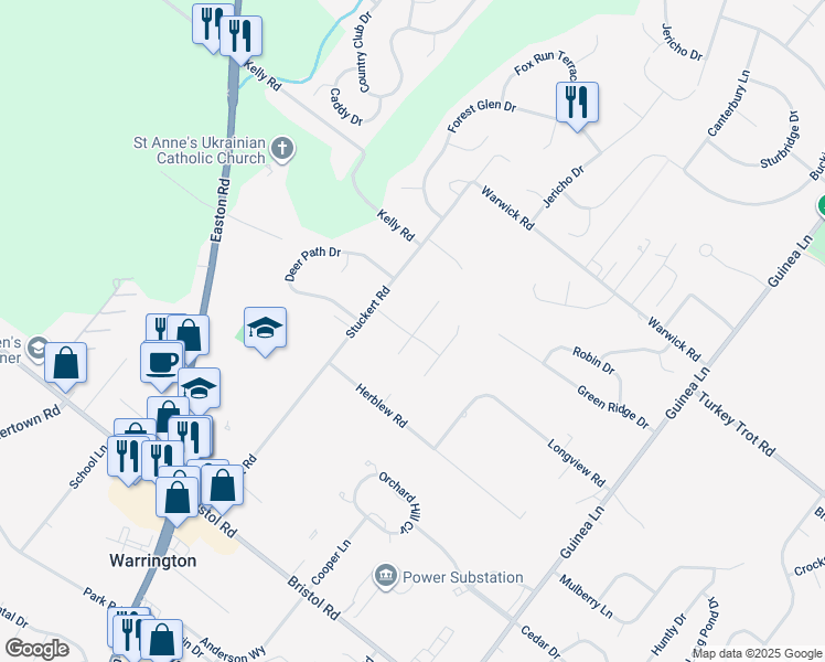 map of restaurants, bars, coffee shops, grocery stores, and more near 2250 Wheat Sheaf Lane in Warrington