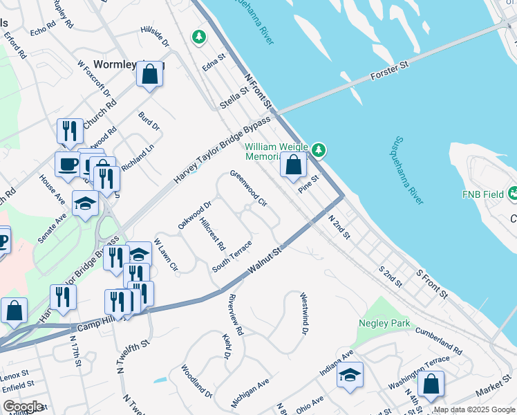 map of restaurants, bars, coffee shops, grocery stores, and more near 76 Greenwood Circle in Wormleysburg